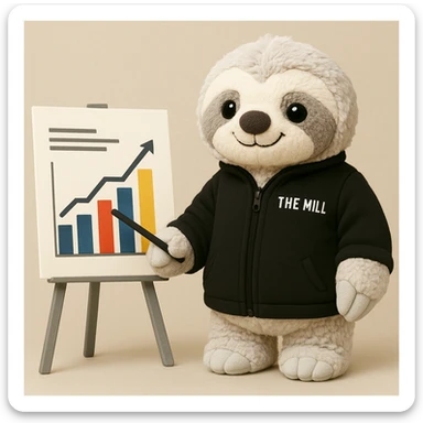 Make this sloth look like a plushy, soft and cuddly toy, inspired by the reference photo, but still wearing a black 'The Mill' jacket and looking business savvy. The style should reflect a plush toy softness and cuddliness. sticker