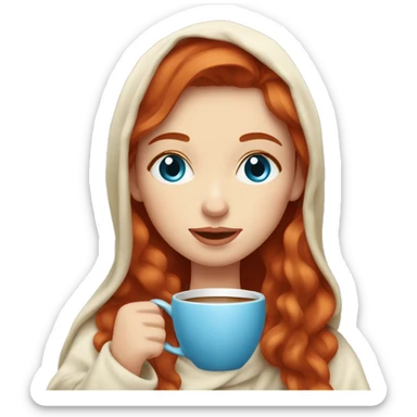 Red head girl with blue eyes in a cream blanket sipping coffee sticker