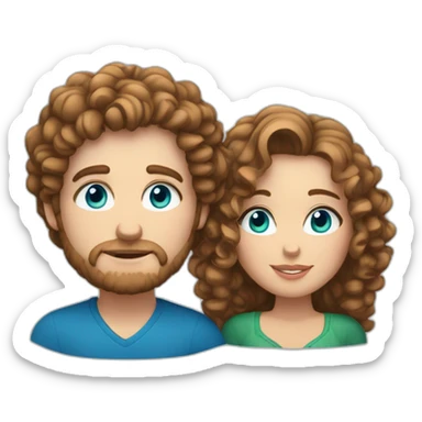 Couple, white European man with brown curly hair and bright blue eyes. chubby wphite woman with long light brown curly hair and blue-green eyes. sticker