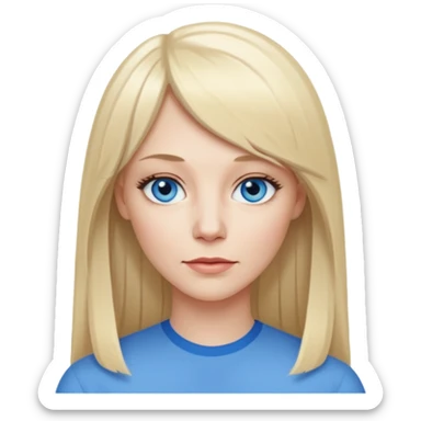 40 yr old white woman, pale skin, long straight blond hair parted in center, blue eyes, bangs sticker