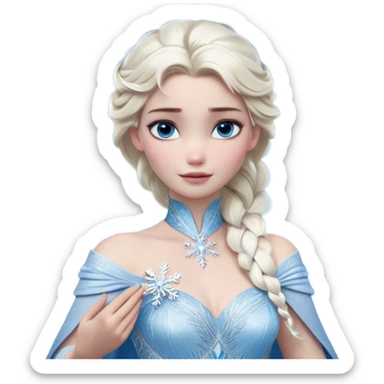 Cinematic Realistic Elsa Portrait, depicted with lifelike skin texture, soft natural lighting, and intricately detailed platinum blonde hair styled elegantly. Her striking, expressive blue eyes exude confidence and grace, complemented by a serene and regal expression. She holds a shimmering snowflake delicately in one hand, her other hand resting against her gown, embodying the power and beauty of winter. She is dressed in her signature icy attire, with shimmering fabric textures and delicate folds that catch the light beautifully. The portrait features a soft, enchanting glow with a cool, radiant finish, capturing the essence of timeless elegance in a realistic and painterly style. sticker