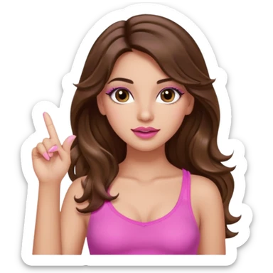 girl with long wavy brown hair, brown eyes, light to medium complexion, in a pink sexy top, pink lips, long lashes, silent motion with the hand one finger up sticker
