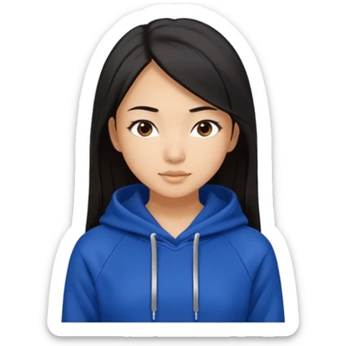A pretty white/asian tanned girl with medium long strait dark brown almost black hair wearing a royal blue hoodie and black leggings  sticker