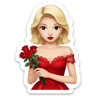 Blonde model with roses and red silk and lace gown sticker