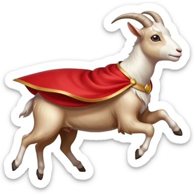 side view of white female goat wearing a read cape like superman sticker