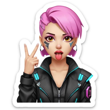 Woman with her tongue out in cyberpunk clothing and giving the middle finger. Looking naughty. sticker
