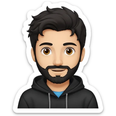 young fair skin pakistani guy smiling with black beard, wavy hair pushed back and brown eyes and big eyebrows, wearing black hoodie sticker