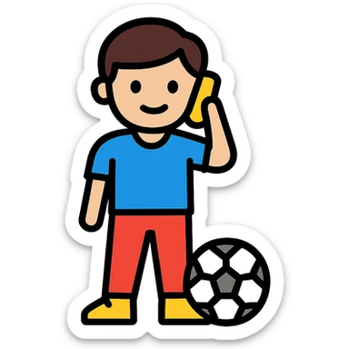 A playful color outline style image of a teenage boy on the phone with a football at his feet, no background. sticker
