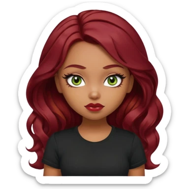 a pretty fair bratz girl with wavy dark red hair, wearing a black tee. eyeliner on, olive green eyes. Till Waist \ sticker
