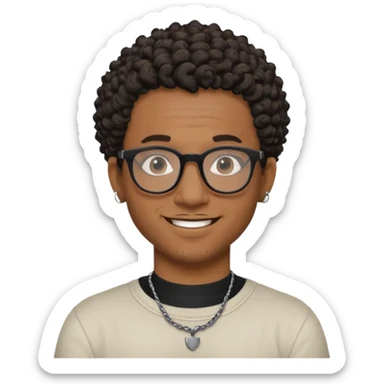 smiling Black man, short curly hair, black glasses, visible neck tattoo, adventurous and creative vibe sticker