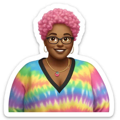 Plus size black woman with pink curly pixie cut hair and a rainbow tie dye sweater  sticker