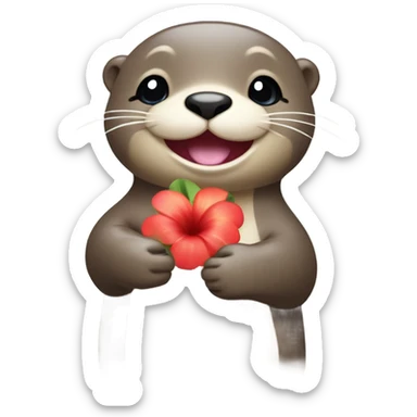 A happy and cute otter face with a Hawaiian flower-shaped pin, holding a heart in its hand. sticker