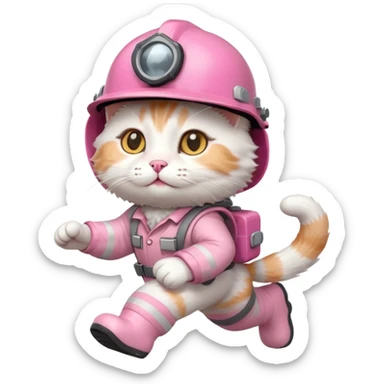 A cute white and pink cat dressed as engineer with a helmet running fast sticker