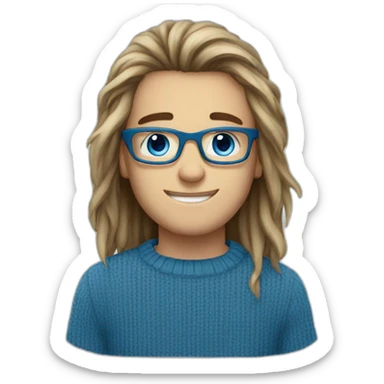 Long emo haired boy blue eyes rectangle nerd glasses smiling wearing blue sweater sticker