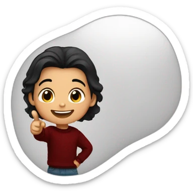 smiling and pointing 3 years old white skin indian with black hair wearing a dark red sweater sticker