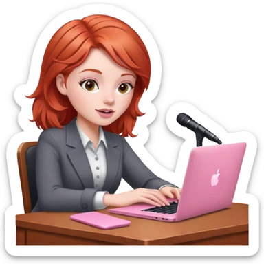Redhead sat at desk with pink MacBook and microphone  sticker