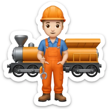 railway engineer in orange overalls, boots, holding a spanner sticker