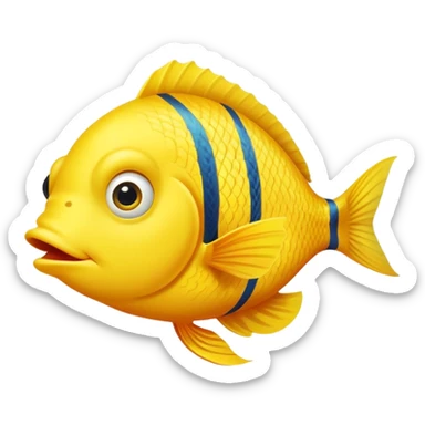 bright yellow fish in strict side view profile, facing exactly to the right, only one side visible, single eye, perfectly flat 2D representation, dopey stupid expression sticker