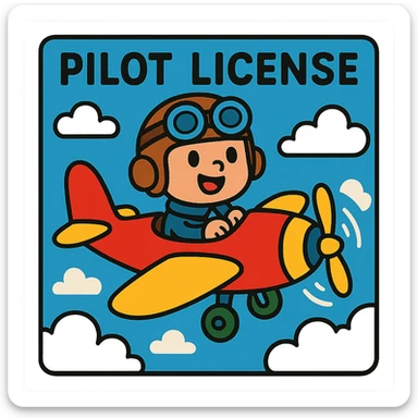 playful pilot license design with cartoon airplane and clouds sticker