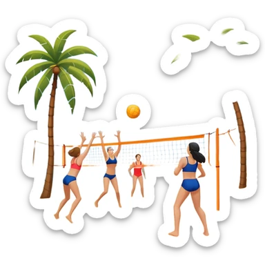 A volleyball resting on the orange sand of a beach, with a volleyball net in the background. The scene includes a beautiful beach landscape with blue sea, sky, and palm trees, while a couple of women in swimsuits play in the distance, capturing the relaxed yet competitive vibe of beach volleyball. sticker