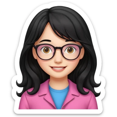 Please generate a portrait of a pretty girl with long, wavy, black hair. She's smiling. She also wears a middle parting and bangs. with glasses pink clothing sticker