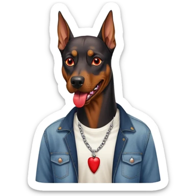 Generate a emoji of a big evil doberman dog with red eyes and a tongue sticking out, give the doberman a human body with a white shirt and baggy jeans sticker