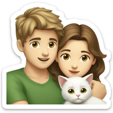 Girl with brown eyes and brown hair kisses the boy with brown hair and green eyes and hugs two white cats sticker
