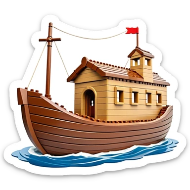 Huge empty wooden Lego Noah's ark boat on water, wide and spacious, no occupants, realistic details sticker