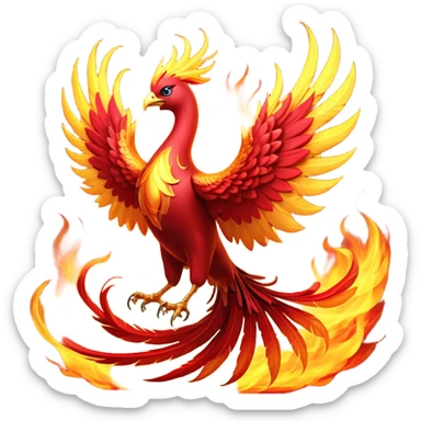 Cinematic Noble fierce & powerful Fire Phoenix Portrait Emoji, Poised and resplendent, with a radiant, fiery plumage in brilliant hues of scarlet, gold, and ember, featuring elongated, elegant tail feathers that flow like molten lava, and piercing, wise eyes reflecting the eternal cycle of rebirth; rendered with lifelike texture and luminous natural highlights, high shine, majestic and awe-inspiring, styled with an aura of mythic resurgence, focused and regal, soft glowing outline, capturing the essence of a legendary phoenix rising from the flames with timeless grace! sticker
