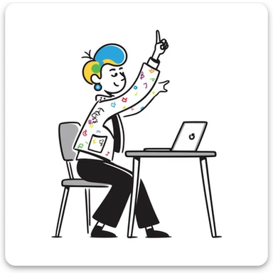 Edgy female rock musician with colorful tattoo sleeve, undercut hairstyle with vibrant dyed hair, wearing leather jacket, sitting at classroom desk with laptop, hand raised enthusiastically sticker