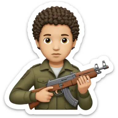 AK47 in hand, light skin male with shortest curly hair  and some cuts on the face  sticker