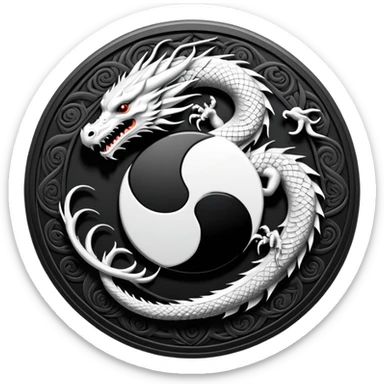 An icon symbolizing Eastern martial arts in the style of an emblem, featuring a black-and-white Yin-Yang symbol and a dragon at the center, surrounded by elements like a dojo. Transparent background highlights balance and power. sticker