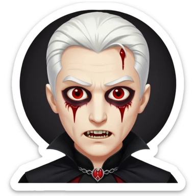 Creat a young man Vampire with white skin and white hair "make him have slide back hair" and full black vampire clothes and bloody eyes and long fangs and scary dead eyes sticker