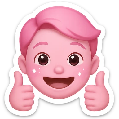 Make the smiling pink face with sparkles and both thumbs up look less creepy, give it a cute, happy expression with soft features. Keep the sparkles and pink color. No background. The style is a pink sparkly emoji with sparkles and thumbs up. sticker