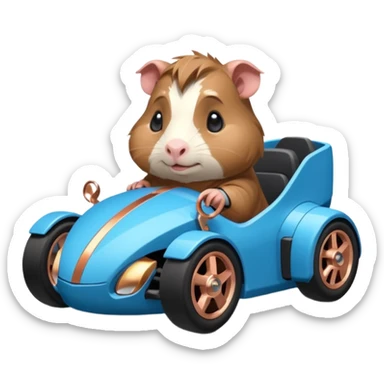 dark crystal blue and rosegold-accented faceted-body electric racing car driven by a small cute but fearless baby Guinea pig with rear spoiler, roll bar, and wheely bar sticker