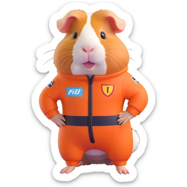 adorable full-body guinea pig dressed in a Formula 1 racing suit, cheerful expression, no helmet sticker