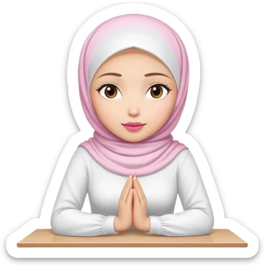white hijab women are listening with her hands folded on the table. Her outfit is white. Her lips color is pink. sticker