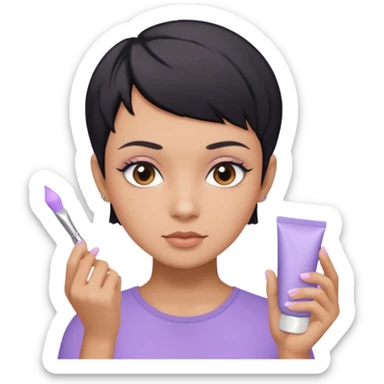 tan girl with pastel purple shirt with black hair & a pixie, doing her skin care sticker