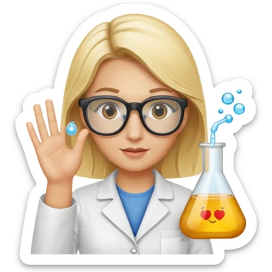 Eine hellblonde Chemikerin mit Kittel, großer Labor-Sicherheitsbrille und typischem Erlmeyerkolben in der Hand sticker