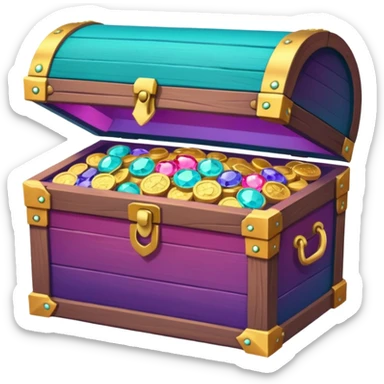 wooden treasure chest filled with coins pack in gradient of turquoise, blue, pink, purple, and coral color and jewels sticker