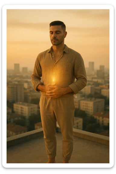 A cinematic portrait of a calm and composed man in his mid-30s, with light stubble and a defined jawline, standing alone on a rooftop at sunrise overlooking a quiet modern city. He’s wearing minimalist, earth-toned clothing — a linen shirt loosely buttoned, neutral joggers, barefoot. His hands rest gently over his abdomen in a meditative posture, eyes half-closed, reflecting clarity and focus. The early morning light bathes his face and body in soft gold, symbolizing renewal and healing. Around him, the city is still asleep, with only faint traces of life below. The air feels clean and silent. Subtle glow effects radiate gently from his chest and abdomen, suggesting internal regeneration. 35mm film style, shallow depth of field, realistic human textures and cinematic color grading with warm and natural tones. sticker