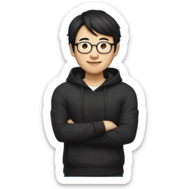 A mature Chinese boy with black hair and circle-shaped eyeglasses wearing black hoodie and ✌️ shaped hands sticker