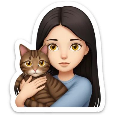 Girl with black long straight hair brown eyes hugging a brown tabby cat yellow eyes sticker