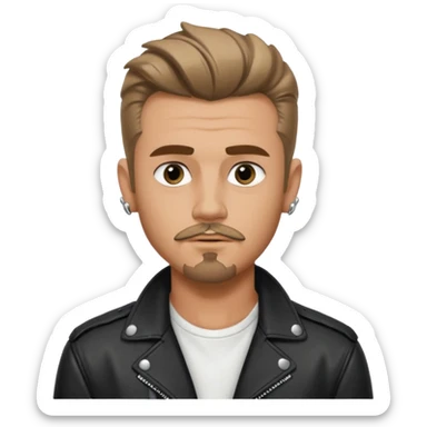 guy with slick James dean hair with front tendrils, mustache and goatee facial hair, wearing a white shirt and a black leather jacket , several silver piercings in ear sticker