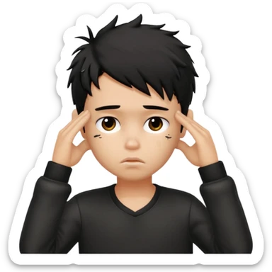 a PRETTY BRATZ boy with black messy hair, one hand on head. looking sad sticker