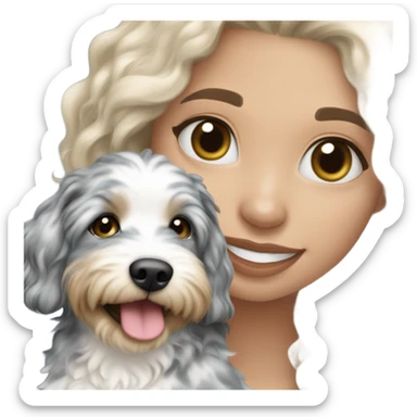 Blonde girl holding blue Merle aussiedoodle  sticker