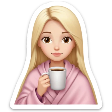 Long blonde straight hair girl drinking coffee, almond dark brown eyes, soft pink blanket sticker