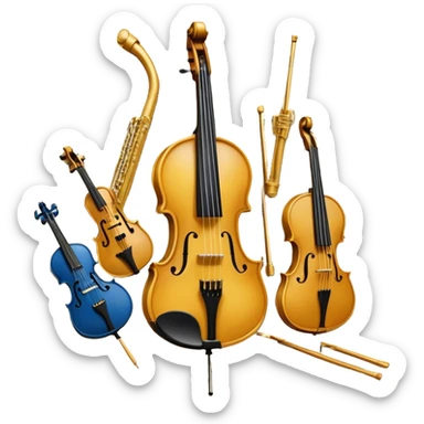 Create an artistic emoji that represents music arrangement and orchestration. The design should feature various orchestral instruments (drums, violin, electric guitar, synthesizer) and conductor's baton, musical scores. Incorporate flowing lines to represent harmony and orchestral balance, along with a subtle representation of sheet music. Use rich, classical colors like gold, silver, or deep blue, and create an atmosphere of sophistication and precision. The background should be transparent. sticker