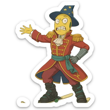 ghibli style yellow guy showing off his fabulous outfit combining prince, alien, terminator, skater, skiier, and wizard elements, making a weird face, stylish and fabulous sticker