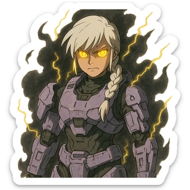 female, wearing reach spartan armor shoulder-unequip, long white braid hair with massive messy front side single bangs, gold yellow eyes, attention pose, D-cup size, HALO:series, no helmet, the armor is lavender color scheme, eyes glowing, demon eye, gleam, rage aura, body steaming dark gray, gold electricity, mouth clowed scowling sticker